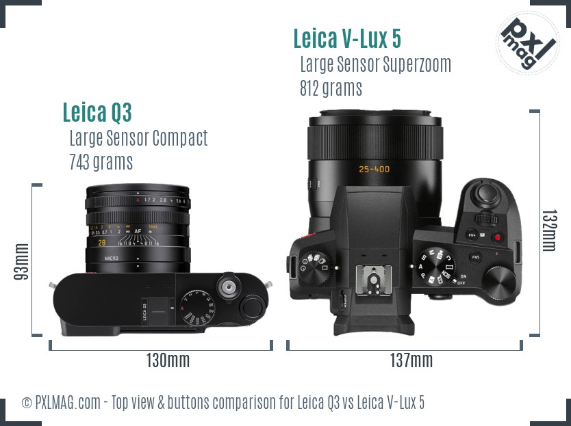 Leica Q3 vs Leica V-Lux 5 top view buttons comparison