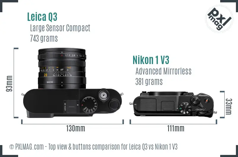 Leica Q3 vs Nikon 1 V3 top view buttons comparison Leica Q3 vs Nikon 1 V3 top view buttons comparison