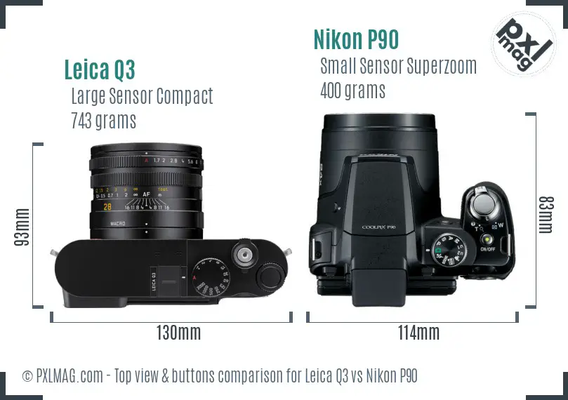 Leica Q3 vs Nikon P90 top view buttons comparison Leica Q3 vs Nikon P90 top view buttons comparison