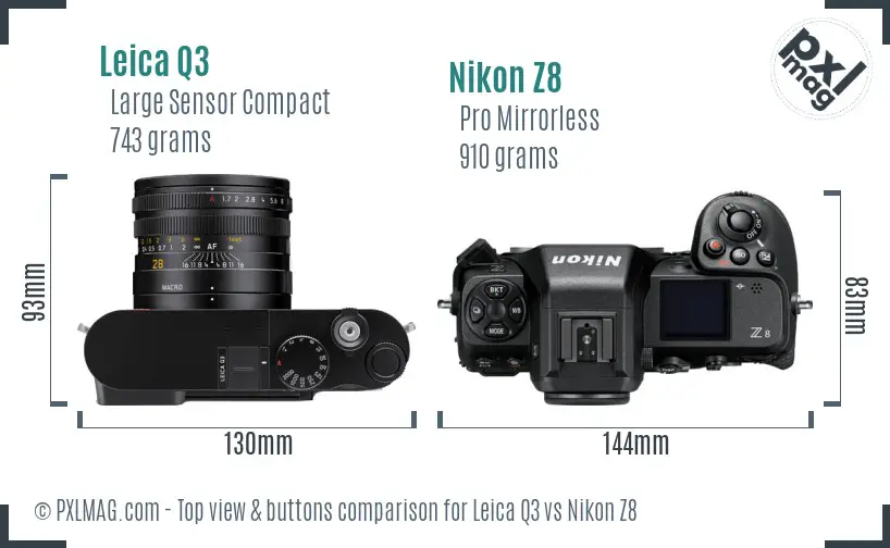 Leica Q3 vs Nikon Z8 top view buttons comparison Leica Q3 vs Nikon Z8 top view buttons comparison