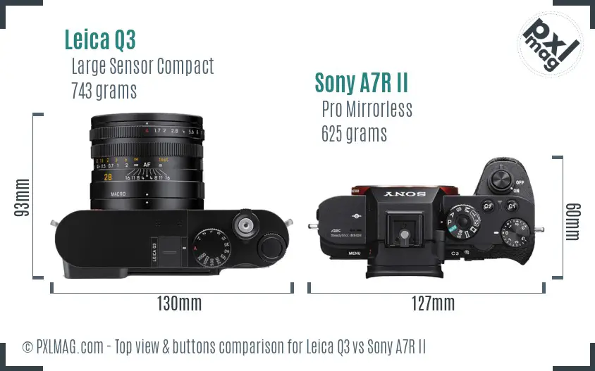 Leica Q3 vs Sony A7R II top view buttons comparison Leica Q3 vs Sony A7R II top view buttons comparison