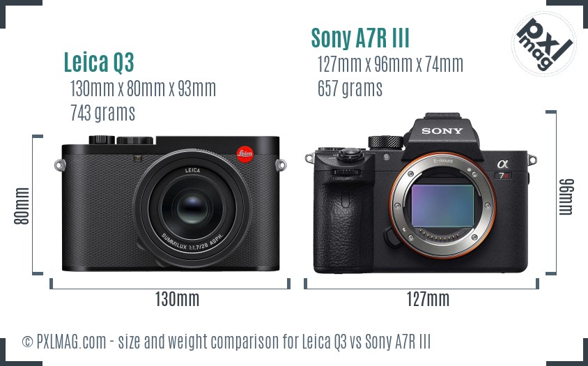 Leica Q3 vs Sony A7R III size comparison