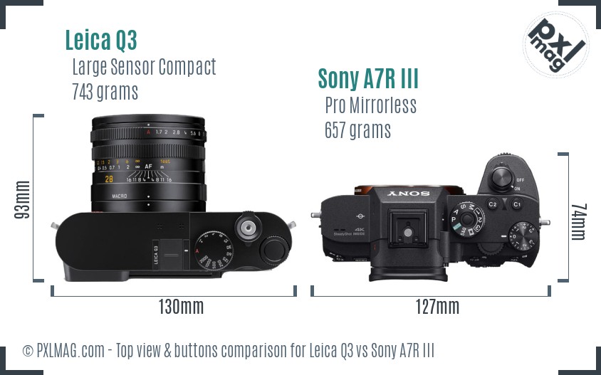 Leica Q3 vs Sony A7R III top view buttons comparison