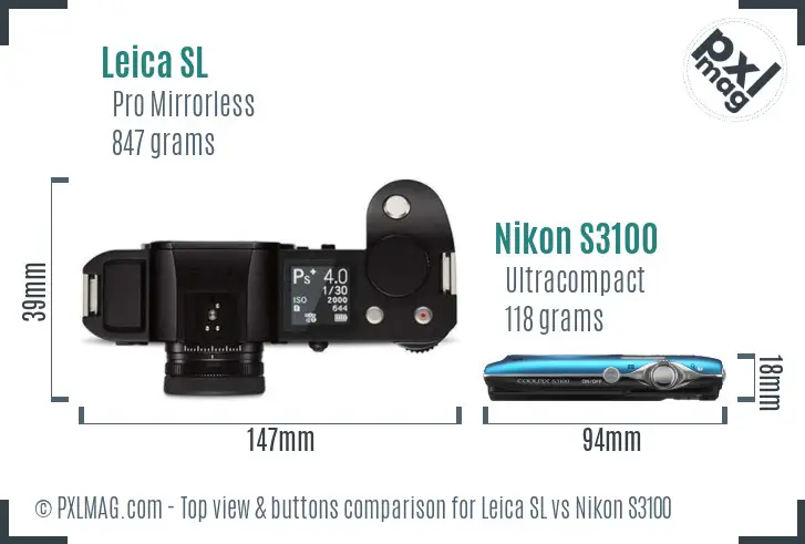 Leica SL vs Nikon S3100 top view buttons comparison