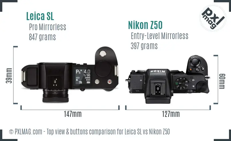 Leica SL vs Nikon Z50 top view buttons comparison