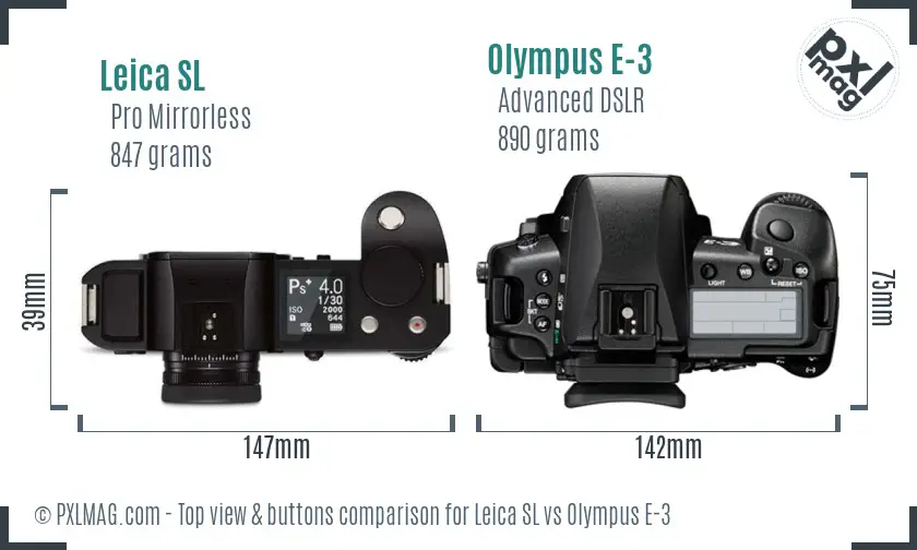Leica SL vs Olympus E-3 top view buttons comparison