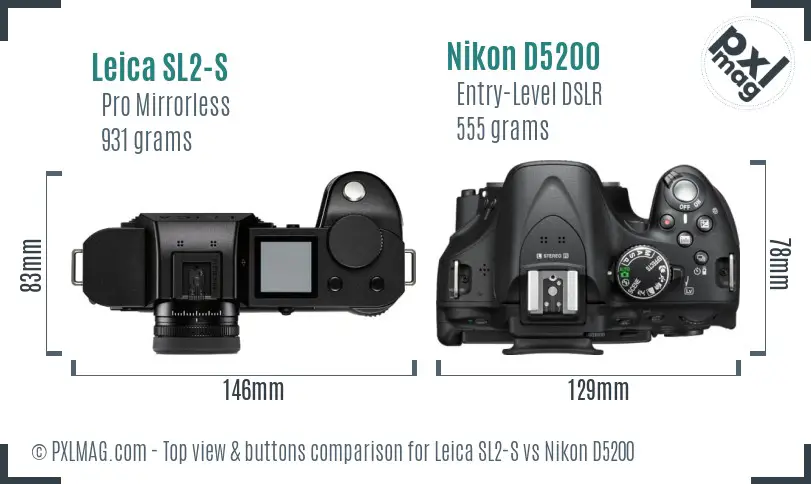 Leica SL2-S vs Nikon D5200 top view buttons comparison