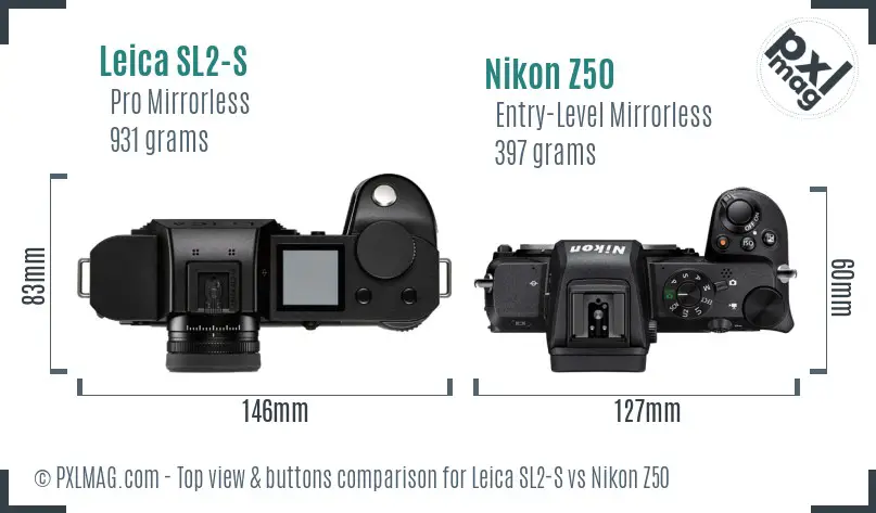 Leica SL2-S vs Nikon Z50 top view buttons comparison Leica SL2-S vs Nikon Z50 top view buttons comparison