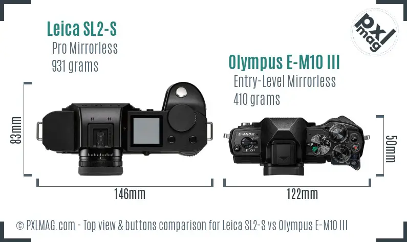Leica SL2-S vs Olympus E-M10 III top view buttons comparison Leica SL2-S vs Olympus E-M10 III top view buttons comparison