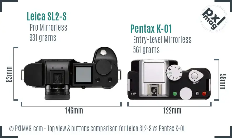 Leica SL2-S vs Pentax K-01 top view buttons comparison