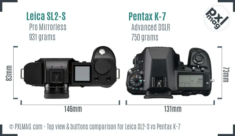 Leica SL2-S vs Pentax K-7 top view buttons comparison