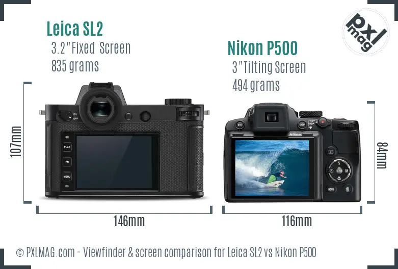 Leica SL2 vs Nikon P500 Screen and Viewfinder comparison