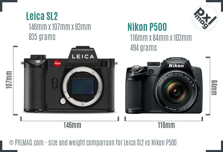 Leica SL2 vs Nikon P500 size comparison
