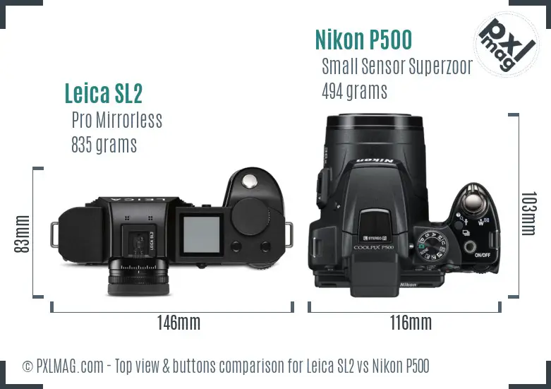 Leica SL2 vs Nikon P500 top view buttons comparison