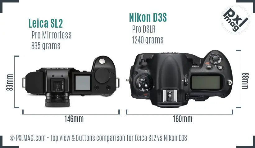 Leica SL2 vs Nikon D3S top view buttons comparison