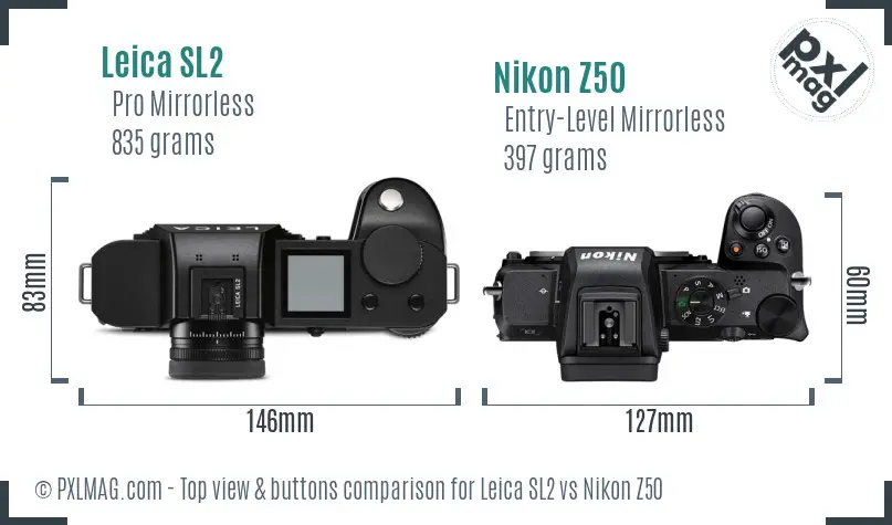 Leica SL2 vs Nikon Z50 top view buttons comparison