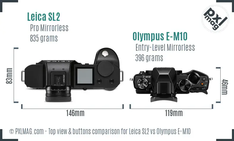 Leica SL2 vs Olympus E-M10 top view buttons comparison Leica SL2 vs Olympus E-M10 top view buttons comparison