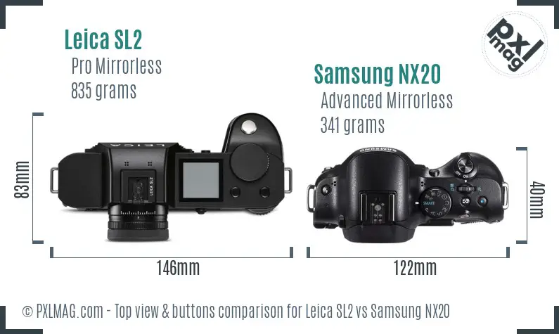 Leica SL2 vs Samsung NX20 top view buttons comparison Leica SL2 vs Samsung NX20 top view buttons comparison