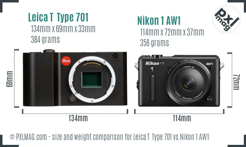 Leica T  Type 701 vs Nikon 1 AW1 size comparison