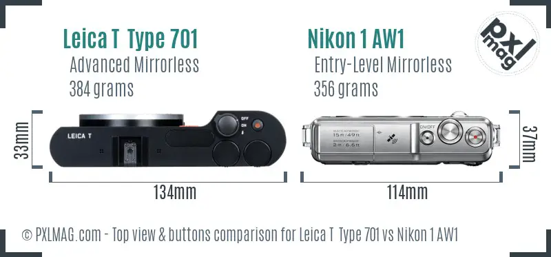 Leica T  Type 701 vs Nikon 1 AW1 top view buttons comparison