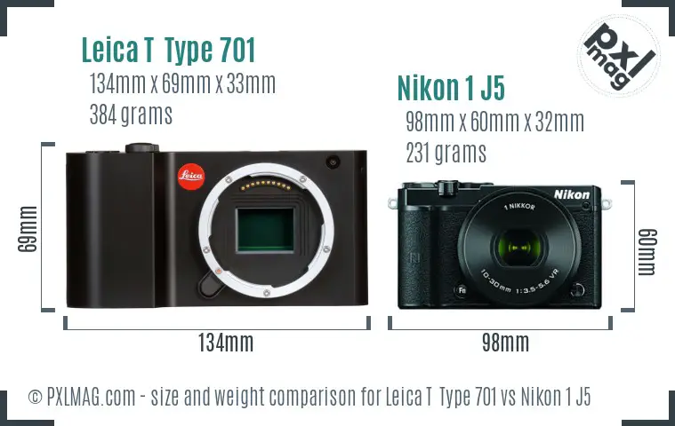 Leica T  Type 701 vs Nikon 1 J5 size comparison