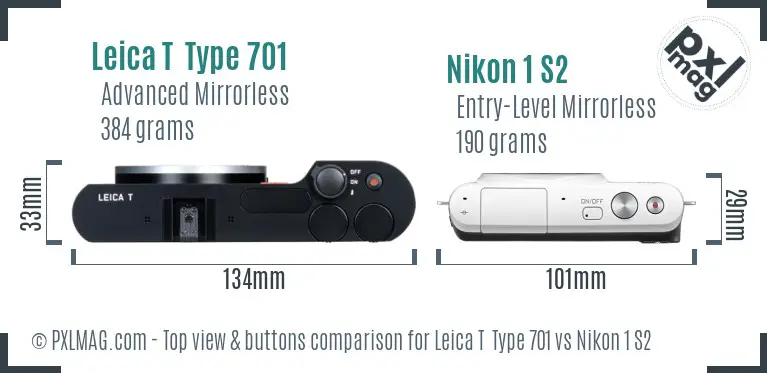 Leica T  Type 701 vs Nikon 1 S2 top view buttons comparison