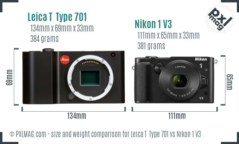 Leica T  Type 701 vs Nikon 1 V3 size comparison
