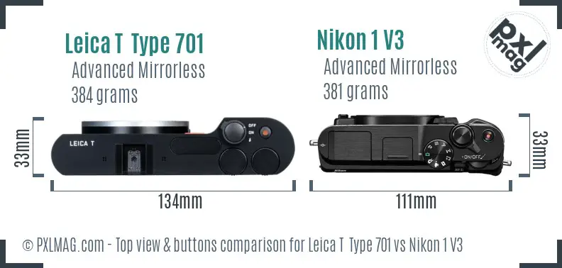 Leica T  Type 701 vs Nikon 1 V3 top view buttons comparison