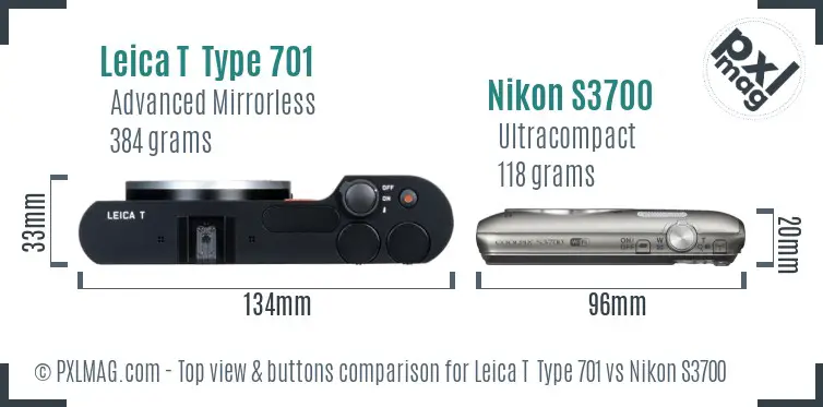 Leica T  Type 701 vs Nikon S3700 top view buttons comparison