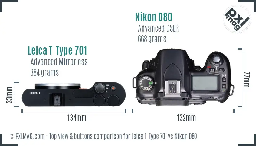 Leica T  Type 701 vs Nikon D80 top view buttons comparison