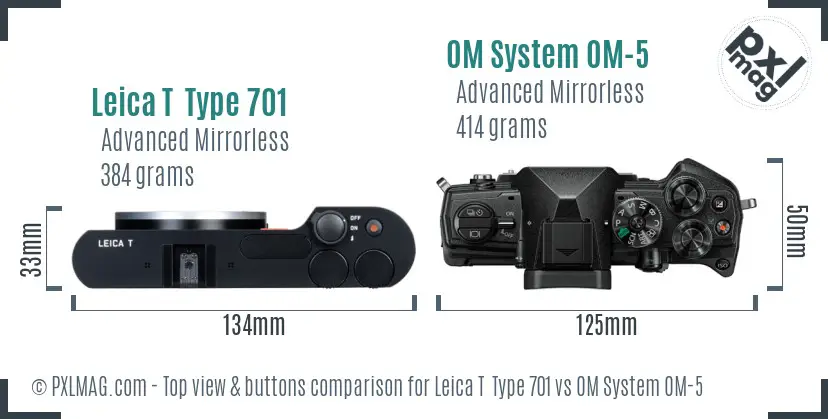 Leica T  Type 701 vs OM System OM-5 top view buttons comparison