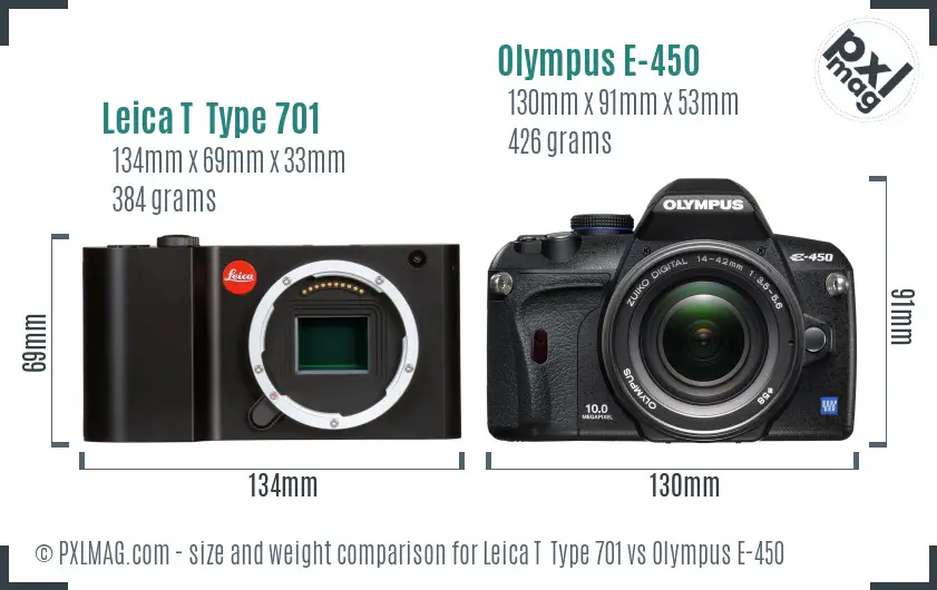 Leica T  Type 701 vs Olympus E-450 size comparison