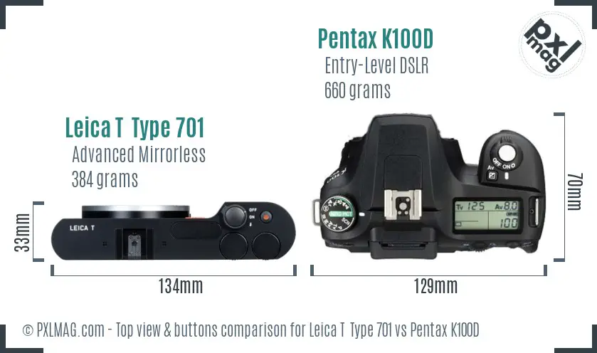 Leica T  Type 701 vs Pentax K100D top view buttons comparison