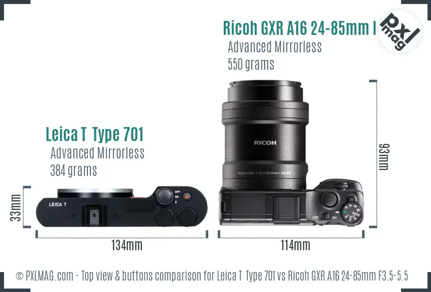 Leica T  Type 701 vs Ricoh GXR A16 24-85mm F3.5-5.5 top view buttons comparison