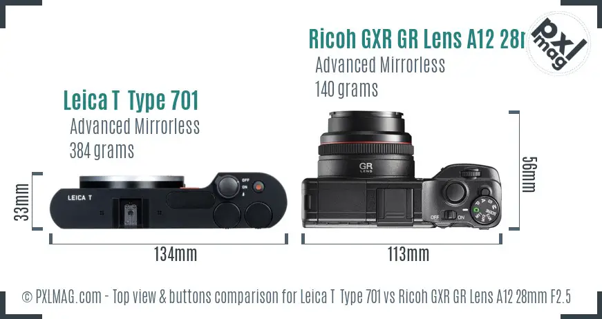 Leica T  Type 701 vs Ricoh GXR GR Lens A12 28mm F2.5 top view buttons comparison Leica T  Type 701 vs Ricoh GXR GR Lens A12 28mm F2.5 top view buttons comparison