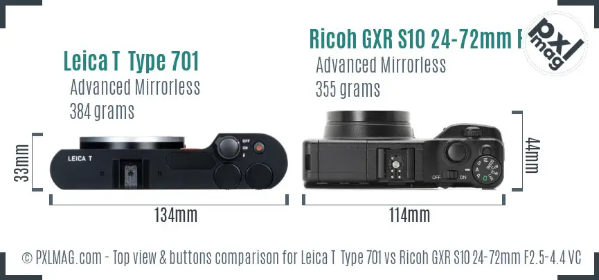 Leica T  Type 701 vs Ricoh GXR S10 24-72mm F2.5-4.4 VC top view buttons comparison