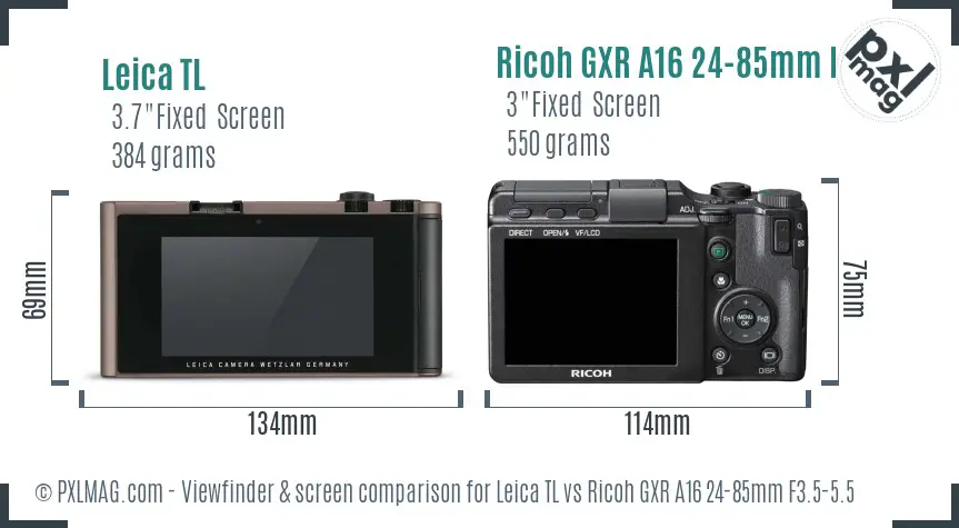 Leica TL vs Ricoh GXR A16 24-85mm F3.5-5.5 Screen and Viewfinder comparison