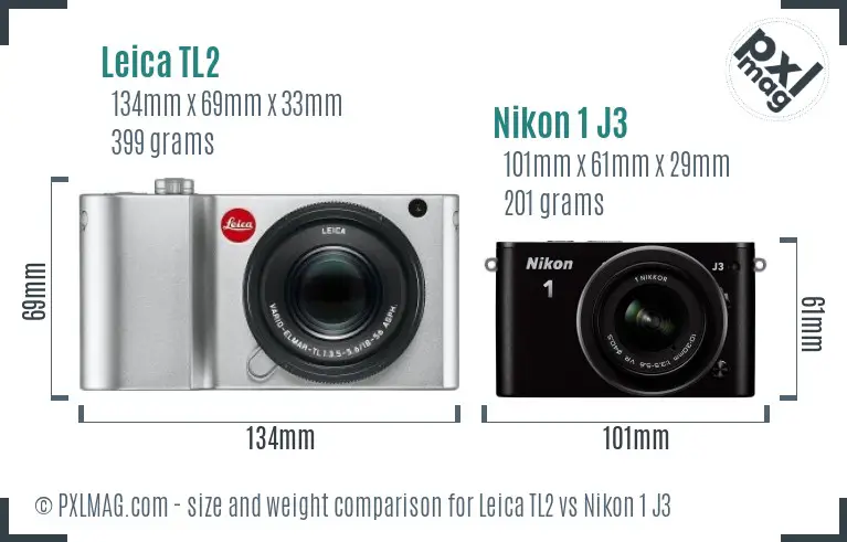 Leica TL2 vs Nikon 1 J3 size comparison