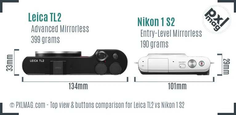 Leica TL2 vs Nikon 1 S2 top view buttons comparison Leica TL2 vs Nikon 1 S2 top view buttons comparison