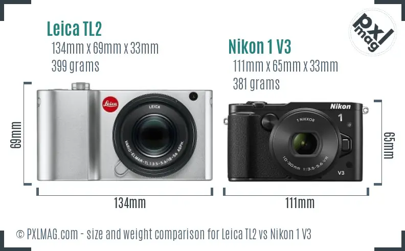 Leica TL2 vs Nikon 1 V3 size comparison