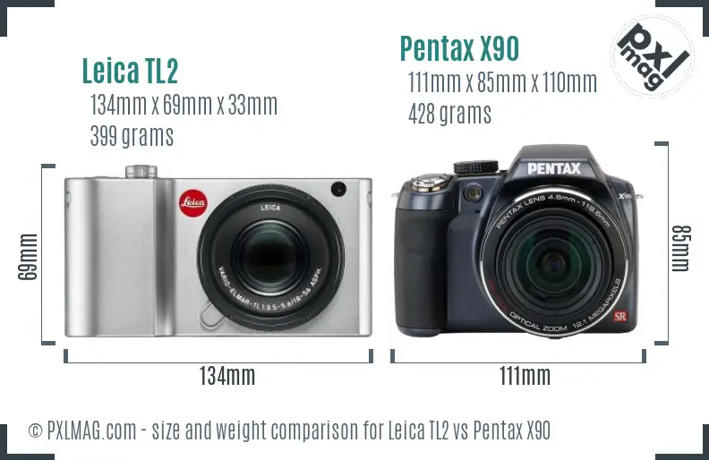 Leica TL2 vs Pentax X90 size comparison