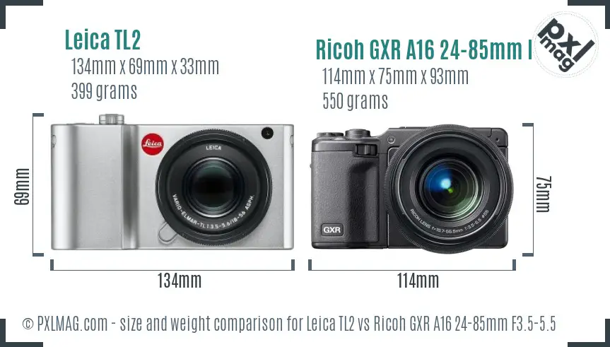 Leica TL2 vs Ricoh GXR A16 24-85mm F3.5-5.5 size comparison