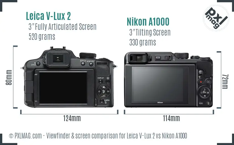 Leica V-Lux 2 vs Nikon A1000 Screen and Viewfinder comparison