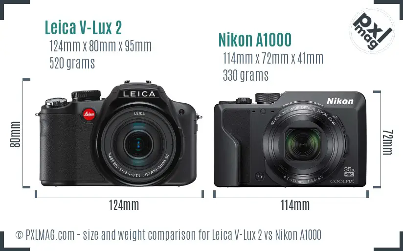 Leica V-Lux 2 vs Nikon A1000 size comparison