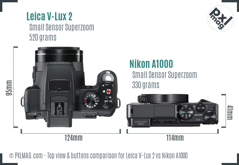 Leica V-Lux 2 vs Nikon A1000 top view buttons comparison