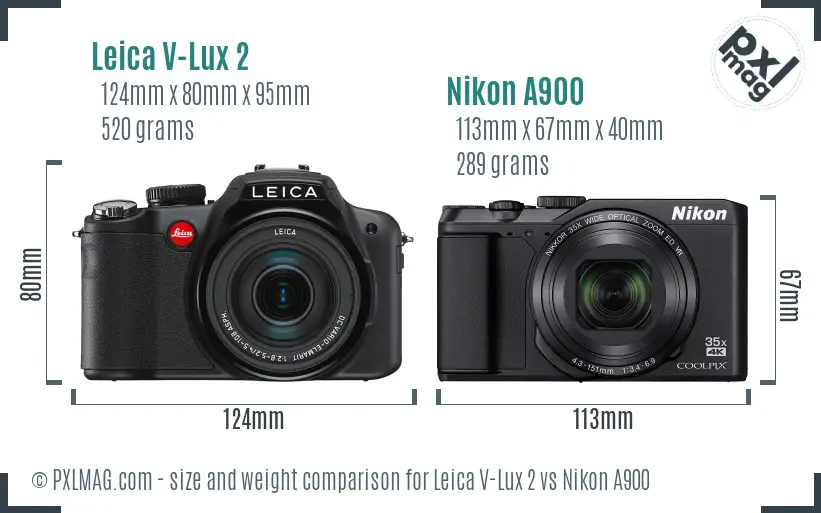 Leica V-Lux 2 vs Nikon A900 size comparison Leica V-Lux 2 vs Nikon A900 size comparison