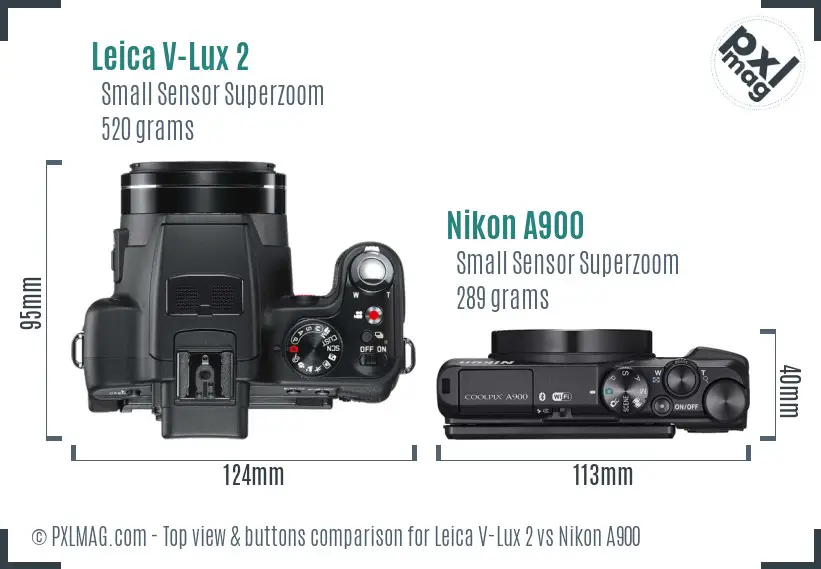 Leica V-Lux 2 vs Nikon A900 top view buttons comparison Leica V-Lux 2 vs Nikon A900 top view buttons comparison