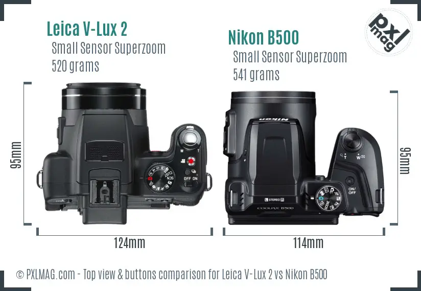 Leica V-Lux 2 vs Nikon B500 top view buttons comparison