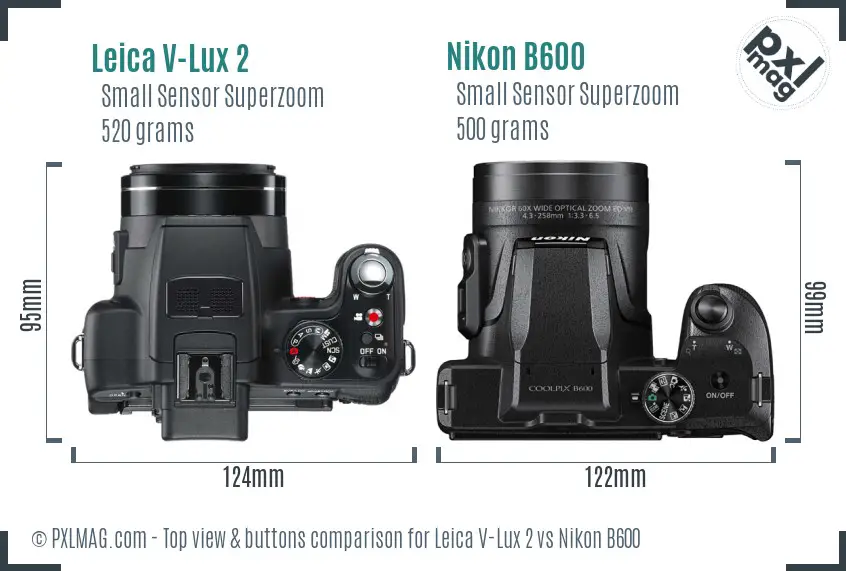 Leica V-Lux 2 vs Nikon B600 top view buttons comparison