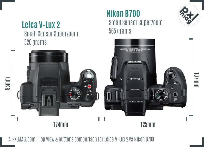 Leica V-Lux 2 vs Nikon B700 top view buttons comparison